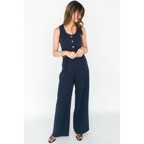 bishop + young Dark Blue Striped Wide Leg Jumpsuit